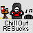 Pixel art animation of a hooded figure with red shirt and white face, seated at table with drinks, shifting position