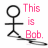 A 48x48 pixel animated contact sheet showing three frames of a stick figure character named Bob with pink text and grayscale stick figures in different poses.