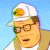 Four-frame animated contact sheet of a cartoon character with glasses, white cap, and brown vest against blue background showing facial expression changes.