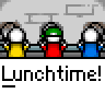 Animated contact sheet of a pixel art lunchtime scene with stick figures in yellow, red, and blue shirts walking past a gray brick wall background while the text "Lunchtime!" repeats below each frame.