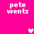 Pixelated text 'pete wentz' appears in four corners on a bright pink background with two heart symbols.