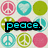Pixelated of circular icons with peace signs, hearts, and solid circles in pink, teal, green; text overlays read "peace.", "love.", "kylie."