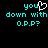 Pixelated cyan text on black background with a white heart symbol replacing the 'u' in 'you', repeated twice side-by-side.
