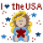 Pixelated icon with 'I ❤️ the USA' text above a girl holding stars, featuring three variations of star color and position.