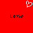 Red background with white pixelated heart symbol above two black text instances of 'Lexie' in pixelated font.