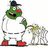 Green cartoon character in white uniform with red shoes and blue cap holding a baseball bat, standing next to a blurred figure.