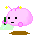 Pixelated pink character with black square eyes, yellow star antennae, and green leafy prop on light green cloud base.
