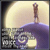 Animated sequence showing a skeletal figure on a purple spiral against a large yellow moon, with text overlays changing between 'don't waste your time on me, you're already the voice inside my head' and 'i miss you'.