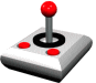 A 3D-rendered joystick with a red ball top, black ring base, and four red buttons on a gray square platform.