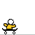 Pixelated character in yellow shirt and white helmet rides black skateboard across gray ramps, performing tricks in sequence.