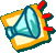 Two pixelated animated frames of a cartoonish gem-shaped icon with yellow border and red accents on gray background.