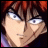 Pixelated anime-style character face with red hair and blue eyes, next to stylized text on black background.