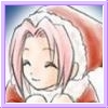 Anime-style character with pink hair and closed eyes, wearing a white hooded garment with red accents, set against a light blue gradient background.
