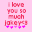 Red pixelated text on pink background reads 'i love you so much jakey<3' with purple stars below, two versions differ in star arrangement.