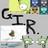 Static 48x48 pixel buddy icon featuring large black text "GIR." with a small brown object on a white background, surrounded by blurred colorful elements in the corners.