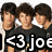 Three identical pixelated figures with dark hair and light skin wear black shirts with white text reading '<3 joe' against a white background.