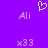Purple background with white pixelated text and symbols: two 'Ali' labels, two 'x33' labels, and a heart outline above the left label.