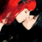 Pixelated image of a person with red hair and black clothing, overlaid with pink text on a black background.