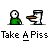 Pixel art animation of a green-shirted figure urinating into a white toilet, with yellow spray effects and repeated text below.