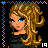 Pixel art contact sheet of an animated buddy icon featuring a blonde female character in various poses and text frames with blue decorative borders.