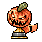 Pixelated pumpkin head with carved face on golden trophy base, orange and brown tones, green stem, black eyes and mouth, white highlights, gray and gold base.