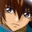 Anime-style character with brown hair and large eyes, wearing a blue top against black background with text.