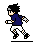 Pixel art character in blue shirt and white shorts running left to right across four with varying limb positions