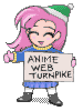 Pixelated character with pink hair and green-and-white hat holds sign reading ANIME WEB TURNPIKE, left hand raised in thumbs-up gesture.