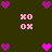 A 4-frame animated contact sheet showing pixelated heart and XO text patterns on a dark green background with purple and pink elements.