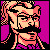 Pixel art icon of a character with light skin, black hair, and glasses against a solid magenta background.