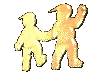 Pixelated golden figures holding hands in various walking and dancing poses
