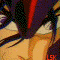 Anime character with dark hair and red highlights in a dynamic pose, transitioning from close-up to full-body view against rocky terrain.