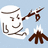 Pixelated icon shows a smiling marshmallow character roasting a stick over a campfire on light blue background with blue text on black
