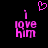 Pixelated pink text 'i love him' on black background with a floating heart above the left side.