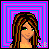 Pixel art of a female character with brown and blonde hair, green eyes, and a smiling expression against a purple-blue spiral background.
