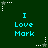A static contact sheet of six identical frames showing a green background with cyan text "I Love Mark" and white star-shaped bullet points arranged in a grid pattern.
