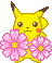 Pixel art animation of Pikachu holding pink flowers in two frames with different facial expressions against a gray background.