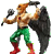 Pixelated character with orange hair, bare torso, green pants, red boots, holding black mace-like objects in both hands against gray background.