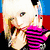 six pixelated images showing a person with long blonde hair in various poses and outfits, including striped shirts and a blue headband with goggles