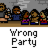 Animated contact sheet of a pixel art crowd scene with repeated 'Wrong Party' text and one frame showing a speech bubble reading 'YO, DAMES!'