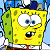 Pixelated yellow sponge character with green left side, blue eyes, red mouth, white shirt, and brown pants against light blue background.