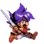 Pixel art character with purple spiky hair, red top, white pants, brown shoes holding a silver sword in various poses against gray background.