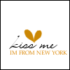A static icon features a golden heart above cursive text reading 'kiss me' with a pen stroke, and below that orange block letters stating 'IM FROM NEW YORK'.
