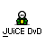 Pixel art icon set featuring a green bin with a white skull, a yellow juice bottle, and brown containers, all labeled 'JUICE DVD' in pixelated text.