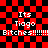 Red and black checkered background with repeated white pixelated text "Its Tiago Bitches!!!!!!!" in four quadrants, some text showing motion blur effects.
