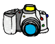 Four cartoon-style digital cameras arranged in a on a gray background, each with a blue lens and yellow top