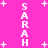 Pixelated white text spelling 'SARAH' vertically on both sides of a bright pink background with scattered white plus signs.