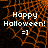 Pixelated orange spiderweb background with white text reading 'Happy Halloween! =]' on a black base.
