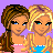 Pixel art contact sheet showing multiple frames of an animated buddy icon featuring two cartoon girls in pink and blue tops with white pants, displayed on a purple background with "for life" text at bottom right.