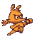 Pixel art animation of an orange raccoon-like character performing a series of ironing actions with a large gray and white iron.